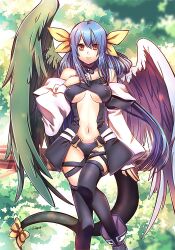  asymmetrical_wings blue_hair bow breasts choker commentary_request dizzy_(guilty_gear) female guilty_gear guilty_gear_x guilty_gear_xx hairbow long_hair medium_breasts navel red_eyes ribbon solo suou_sakura tail tail_ornament tail_ribbon thighhighs underboob wings 