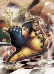  capcom diner fat fat_man food hamburger highres jukebox ketchup male male_focus mustard official_art ponytail rufus rufus_(street_fighter) street_fighter street_fighter_x_tekken 