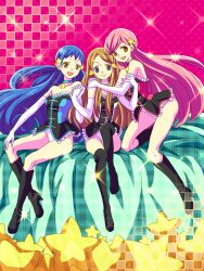  3girls bare_shoulders blue_hair boots brown_hair collar commentary_request double-h_(mawaru_penguindrum) elbow_gloves gloves hair_ornament hairclip holding_hands interlocked_fingers isora_hibari long_hair long_legs mawaru_penguindrum multiple_girls open_mouth pink_hair smile star_(symbol) takakura_himari thigh_boots thighhighs utada_hikari very_long_hair white_gloves yuzucha 