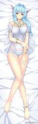  anklet armlet bare_legs barefoot bed_sheet blue_hair bracelet braid breasts commentary_request dakimakura_(medium) emil_chronicle_online female fins full_body grey_eyes hair_over_shoulder head_fins jewelry legs lintanghaseo long_hair looking_at_viewer lying medium_breasts navel necklace on_back panties photoshop_(medium) ring rorona see-through single_braid solo thigh_gap underwear white_panties 