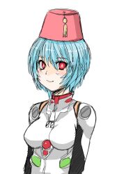  ayanami_rei blue_hair bodysuit breasts closed_mouth drawfag female fez_hat hair_between_eyes hat hat_tassel large_breasts looking_at_viewer neon_genesis_evangelion plugsuit red_eyes short_hair simple_background smile solo tassel upper_body white_background white_bodysuit 