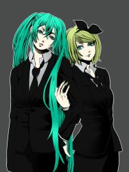  2girls aqua_eyes aqua_hair bad_id bad_pixiv_id black_skirt blonde_hair commentary_request corrupted_metadata formal hair_ribbon hatsune_miku kagamine_rin long_hair meriko miniskirt multiple_girls necktie pencil_skirt ribbon short_hair skirt skirt_suit smile suit twintails vocaloid 