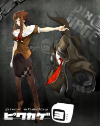  bare_shoulders black_skirt blue_eyes boots brown_hair brown_pantyhose chains commentary_request female glasses gloves hair_bun hat highres long_hair medium_skirt miniskirt necktie outstretched_arm pantyhose pencil_skirt pixiv_shadow pixiv_shadow_3 pointing print_skirt samuraig side_slit sidelocks single_glove single_hair_bun skirt solo standing 