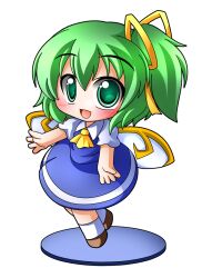  ascot bad_id bad_pixiv_id bow chibi daiyousei dress faux_figurine female green_eyes green_hair hair_ribbon hairbow open_mouth ribbon shinjitsu short_hair side_ponytail simple_background smile solo touhou white_background wings 