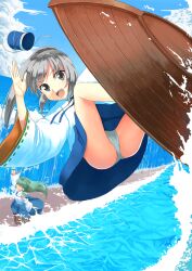  2girls :d arm_up b-ginga blue_skirt boat commentary_request day faceless faceless_female green_hair grey_eyes grey_hair hat hat_loss hydrokinesis japanese_clothes kariginu kochiya_sanae long_hair long_sleeves looking_at_viewer medium_skirt mononobe_no_futo multiple_girls mundane_utility ocean open_mouth outdoors panties pantyshot parting_water ribbon-trimmed_sleeves ribbon_trim skirt smile solo_focus surfing tate_eboshi touhou underwear unworn_hat unworn_headwear upskirt water watercraft waving wide_sleeves 