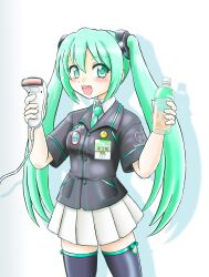  aqua_eyes aqua_hair barcode_scanner bottle commentary_request employee_uniform familymart female green_eyes green_hair hatsune_miku highres hoshikawa_tsukimi long_hair miniskirt necktie product_placement simple_background skirt solo thighhighs twintails uniform very_long_hair vocaloid white_background white_skirt zettai_ryouiki 