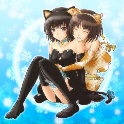  2girls ^_^ amagami animal_ears bare_shoulders bell black_hair blush bodysuit bow brown_eyes brown_hair cat_ears cat_tail choker closed_eyes collar commentary_request dress elbow_gloves embarrassed frilled_legwear full_body gloves grin hug hug_from_behind image_sample jingle_bell jpeg_artifacts multiple_girls nanasaki_ai neck_bell nicoseiga_sample ribbon short_hair sitting smile snowflakes tachibana_miya tail tail_ornament tail_ribbon teeth thighhighs youmei 