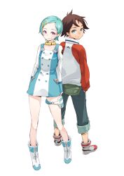  1boy aqua_hair bad_id bad_pixiv_id blue_eyes boots brown_hair collar dress eureka_(eureka_seven) eureka_seven eureka_seven_(series) female from_behind hair_ornament hairclip hands_in_pockets looking_at_viewer looking_back maeda_risou pants pants_rolled_up purple_eyes raglan_sleeves renton_thurston short_hair simple_background smile standing thigh_strap white_background white_footwear 