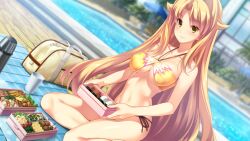  bag bikini blonde_hair blush breasts d-eve_in_you female food game_cg gokokukyou large_breasts legs long_hair navel o-ring_top obentou onigiri outdoors pool side-tie_bikini sitting smile solo swimsuit thermos thighs very_long_hair water yellow_eyes yusa_shouko 