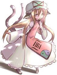  :3 aged_up animal_ears brown_hair cat_ears cat_tail chen commentary_request cosplay dress earrings female hat jewelry kuropata multiple_tails solo tail touhou yakumo_yukari yakumo_yukari_(cosplay) 