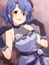  :d bare_shoulders black_gloves blue_hair blurry blurry_background blush bow breasts brown_eyes collarbone depth_of_field dress female gloves grey_dress hair_between_eyes hands_up highres idolmaster idolmaster_million_live! idolmaster_million_live!_theater_days looking_at_viewer medium_breasts purple_bow sleeveless sleeveless_dress smile solo toyokawa_fuka uccow 