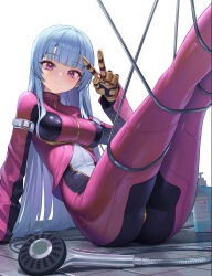  absurdres arm_support armored_gloves ass_visible_through_thighs blue_hair blunt_bangs bodysuit breasts closed_mouth commentary_request cropped_jacket female hand_up highres jacket kula_diamond leather leather_jacket legs_up long_hair long_sleeves looking_at_viewer medium_breasts multicolored_bodysuit multicolored_jacket pink_bodysuit pink_jacket purple_eyes shampoo_bottle shower_head simple_background smile solo straight_hair the_king_of_fighters tile_floor tiles v white_background xzu zipper 