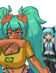  absurdres aqua_hair bead_choker beads bikini bracelet brazil brazilian_flag brazilian_flag_print brazilian_miku breasts couple dark-skinned_female dark_skin earrings flag_print flower hair_flower hair_ornament hatsune_miku highres jewelry long_hair moxydraws multiple_bracelets rectangular_earrings selfcest shirt shorts swimsuit tan twintails vocaloid yellow_shirt yuri 