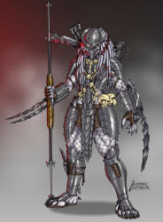  alien ambiguous_gender armor claw_(weapon) claws clothing fishnet_clothing footwear full_armor headgear helmet hi_res humanoid melee_weapon polearm predator_(franchise) ronniesolano sandals shoes solo spear standing weapon wrist_blade yautja 