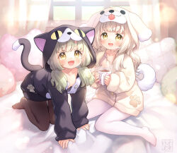  2girls :d all_fours animal_ears animal_hood black_jacket blush breasts brown_eyes brown_hair brown_jacket brown_pantyhose cat_ears cat_hood cat_tail collarbone commentary_request cup curtains dog_ears dog_hood dog_tail fake_animal_ears highres holding holding_cup hood hood_up hooded_jacket jacket kito_(sorahate) long_hair long_sleeves low_twintails mug multiple_girls no_shoes oerba_yun_fang original pantyhose pillow puffy_long_sleeves puffy_sleeves short_eyebrows sleeves_past_wrists small_breasts smile tail thick_eyebrows transparent twintails white_pantyhose window 