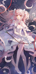  absurdly_long_hair absurdres border bow bow_(weapon) breasts chest_jewel choker cleavage cleavage_cutout clothing_cutout collarbone dot_nose dress energy_wings eyelashes eyes_visible_through_hair feathers female full_body gloves hair_between_eyes hairbow high_heels highres holding holding_bow_(weapon) holding_weapon invisible_chair kaname_madoka light_blush lipstick long_dress long_hair magic_circle mahou_shoujo_madoka_magica mahou_shoujo_madoka_magica_(anime) makeup open_mouth petals pink_gemstone pink_hair pink_thighhighs pink_wings pleated_sleeves red_lips red_ribbon ribbon short_sleeves sitting solo space space_print starry_sky_print stiletto_heels thighhighs transparent_wings two-sided_dress two-sided_fabric two_side_up ultimate_madoka very_long_hair weapon white_bow white_choker white_dress white_footwear white_gloves wide_sleeves winged_legs wings yellow_eyes youxiaomo 