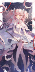  absurdly_long_hair absurdres border bow bow_(weapon) breasts chest_jewel choker cleavage cleavage_cutout clothing_cutout collarbone dot_nose dress eyelashes eyes_visible_through_hair feathers female full_body gloves hair_between_eyes hairbow high_heels highres holding holding_bow_(weapon) holding_weapon invisible_chair kaname_madoka light_blush lipstick long_dress long_hair magic_circle mahou_shoujo_madoka_magica mahou_shoujo_madoka_magica_(anime) makeup open_mouth outside_border petals pink_gemstone pink_hair pink_thighhighs pleated_sleeves red_lips red_ribbon ribbon short_sleeves sitting solo space space_print starry_sky_print stiletto_heels thighhighs two-sided_dress two-sided_fabric two_side_up ultimate_madoka very_long_hair weapon white_border white_bow white_choker white_dress white_footwear white_gloves wide_sleeves winged_legs yellow_eyes youxiaomo 