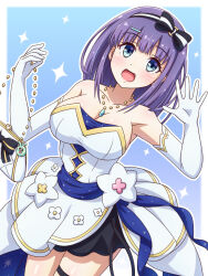  bag black_skirt blue_eyes blue_gemstone blue_sash bow_hairband breasts cleavage dress elbow_gloves female flower gem gloves hair_ornament hairband hairclip handbag highres holding holding_bag jewelry large_breasts medium_hair misora_(princess_connect!) necklace off-shoulder_dress off_shoulder open_mouth princess_connect! purple_hair sash skirt solo teardrop-shaped_gem thigh_strap waving white_dress white_flower white_gloves yosuzu 