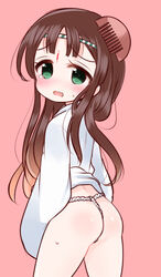  ass bad_id bad_pixiv_id blush body_blush brown_hair circlet coat comb cowboy_shot facial_mark female forehead_mark from_behind fundoshi green_eyes image_sample japanese_clothes kushinada_(p&amp;d) long_hair long_sleeves looking_at_viewer looking_back mashiro_miru no_nose open_mouth pink_background pixiv_sample puzzle_&amp;_dragons rokushaku_fundoshi simple_background sleeves_past_wrists solo tears unworn_headwear wavy_mouth 