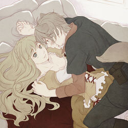  1boy aldnoah.zero animal_ears asseylum_vers_allusia bed blonde_hair blue_eyes blush commentary_request female image_sample long_hair lying nana_(t-a-f) pillow pixiv_sample short_hair slaine_troyard 