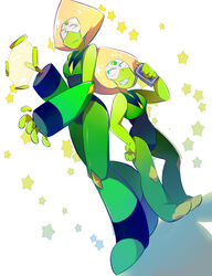  2girls blonde_hair bodysuit commentary dual_persona dutch_angle forehead_jewel green_bodysuit green_eyes grin hand_on_own_hip height_difference highres looking_at_another mei_(artist) multiple_girls peridot_(steven_universe) simple_background smile star_(symbol) steven_universe tape_recorder visor white_background 