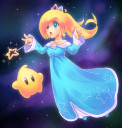  blonde_hair blue_dress blue_eyes collarbone commentary_request crown dress female hair_over_one_eye highres long_dress long_hair luma_(mario) mario_(series) ponytail rosalina space star_(sky) star_(symbol) star_wand strapless strapless_dress super_mario_galaxy wand watermark web_address yoyochaan 