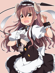  alternate_costume animal_ears apron bad_id bad_pixiv_id black_hairband black_ribbon breasts brown_background brown_eyes brown_hair center_frills company_connection cosplay cowboy_shot demon_girl demon_horns demon_tail dress enmaided fake_animal_ears female fleur_de_lapin_uniform frilled_apron frilled_dress frilled_hairband frilled_shirt frills gochuumon_wa_usagi_desu_ka? hair_between_eyes hairband holding horns kounosu_satori large_breasts lilith_(machikado_mazoku) lolita_hairband long_hair machikado_mazoku maid maid_headdress manga_time_kirara puffy_short_sleeves puffy_sleeves rabbit_ears ribbon shirt short_sleeves simple_background solo statue tail underbust waist_apron white_apron white_shirt wrist_cuffs yoshida_yuuko_(machikado_mazoku) 