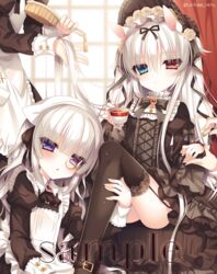  3girls alice_claudia animal_ears bad_id bad_pixiv_id black_legwear commentary_request garter_straps gothic_lolita heterochromia lolita_fashion long_hair maid monocle multiple_girls original puffy_sleeves rolo_noir sample_watermark thighhighs tsukikage_nemu twitter_username watermark white_hair 