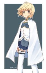  1boy androgynous artist_name blonde_hair brown_eyes cape commentary_request cosplay crossdressing detached_sleeves dress hunter_x_hunter kurapika mahou_shoujo_madoka_magica mahou_shoujo_madoka_magica_(anime) male_focus miki_sayaka miki_sayaka_(cosplay) miki_sayaka_(magical_girl) otoko_no_ko pleated_skirt skirt solo thighhighs yoyochaan 