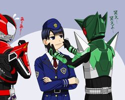  armor black_hair commentary_request female hat helmet kamen_rider kamen_rider_drive kamen_rider_drive_(series) kamen_rider_kabuto_(series) kamen_rider_kick_hopper mask police police_uniform policewoman redol shift_car shijima_kiriko short_hair translated uniform 