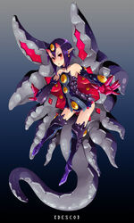  bare_shoulders blush boots choker commentary_request demon_girl desco_(disgaea) detached_sleeves disgaea dress extra_eyes female gloves hair_between_eyes highres horns jingle_bell_earrings looking_at_viewer makai_senki_disgaea_4 mine_(wizard) monster_girl photoshop_(medium) pointy_ears purple_choker purple_dress purple_footwear purple_hair purple_sleeves red_eyes red_gloves red_horns short_hair simple_background slit_pupils solo tail tentacle thigh_boots 