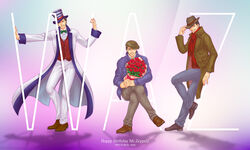  3boys argyle bad_id bad_pixiv_id blue_eyes bouquet brown_coat brown_hair character_name coat cowboy_hat crossed_legs facial_hair flower green_eyes happy_birthday hat hat_tip jojo_no_kimyou_na_bouken long_coat male_focus miyabi_(run) moustache multiple_boys multiple_persona necktie phantom_blood red_eyes rose scarf shadow sitting top_hat twitter_username vest will_anthonio_zeppeli 