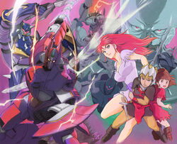  1980s_(style) 2boys 2girls blonde_hair blue_eyes boots breasts brown_eyes brown_hair chururu commentary_request dagger dress galient green_eyes helmet highres hilmuka holding holding_sword holding_weapon jordy_volder kikou-kai_galient knife kujira_gunsou large_breasts looking_at_viewer looking_back mardal mecha millipen_(medium) multiple_boys multiple_girls pantyhose photoshop_(medium) ponytail red_dress red_eyes red_hair retro_artstyle robot spread_legs sword traditional_media tunic weapon wingal zauel 