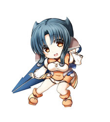  animal_ears atuy blue_hair breasts chibi cleavage cleavage_cutout clothing_cutout commentary_request female highres kuena large_breasts long_hair short_hair sidelocks simple_background smile solo utawarerumono utawarerumono:_itsuwari_no_kamen white_background yellow_eyes 