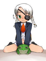  bad_id bad_pixiv_id bottomless braid eyepatch female frog green_eyes nakamura_tetsuya navel original photoshop_(medium) short_hair silver_hair solo translated twin_braids twintails 