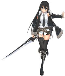  absurdres belt black_hair black_thighhighs blue_eyes boots chinese_commentary commentary_request female highres jacket knee_boots loose_belt necktie original short_shorts shorts solo sword thighhighs ukeuke weapon 