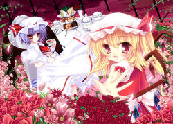  2girls bad_id bad_pixiv_id blonde_hair bow cake cupcake dessert flandre_scarlet flower food fork gem hat knife multiple_girls photoshop_(medium) plate purple_hair red_eyes remilia_scarlet rokudou_itsuki rose sandwich tea touhou wings 