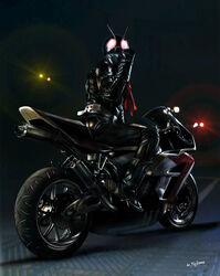  1boy antennae artist_name belt boots bridgestone commentary_request dark_background dias_(tajima_kouki) gloves glowing glowing_eyes highres kamen_rider kamen_rider_1 kamen_rider_the_first lights long_sleeves looking_at_viewer looking_back male_focus motor_vehicle motorcycle photoshop_(medium) scarf sitting solo 