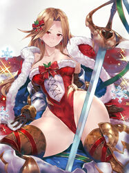  arm_support armor armored_boots bell between_legs blue_ribbon blush boots bow breasts brown_gloves brown_hair brown_thighhighs cape cleavage closed_mouth commentary_request cross-laced_clothes earrings embarrassed eyelashes female fur_trim gloves granblue_fantasy granblue_fantasy_(style) hair_ornament hairbow highleg highleg_leotard highres jewelry katalina_(festive_corselet)_(granblue_fantasy) katalina_(granblue_fantasy) large_breasts leaning_back leotard light_particles long_hair looking_at_viewer official_alternate_costume planted planted_sword red_bow red_cape red_leotard red_ribbon ribbon santa_costume simple_background sitting smile snowflakes solo sparkle strapless strapless_leotard sword thigh_strap thighhighs thighs tokopi transparent_sword transparent_weapon vambraces weapon white_background 