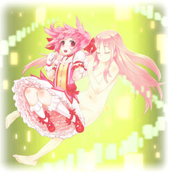  2girls barefoot bubble_skirt choker closed_eyes commentary_request connect_(madoka_magica) dual_persona gloves holding_hands kaname_madoka kaname_madoka_(magical_girl) long_hair magical_girl mahou_shoujo_madoka_magica mahou_shoujo_madoka_magica_(anime) moku_(racie45bv) multiple_girls navel nude open_mouth pink_eyes pink_hair puffy_sleeves shoes short_hair short_twintails skirt smile twintails white_gloves white_legwear 