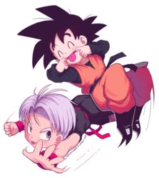  2boys black_footwear black_hair blue_eyes boots commentary_request dougi dragon_ball dragon_ball_z full_body light_purple_hair lolicon male_focus motion_blur mouth_pull multiple_boys riding sitting sitting_on_person son_goten tongue tongue_out transparent_background trunks_(dragon_ball) watermark web_address wristband yoyochaan 