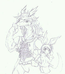  2010 accessory animal_humanoid anthro bandai_namco belt bottomwear clothed clothing crossover dragon duo english_text female hair headband humanoid lagomorph legendz linvar long_hair male mammal monochrome muscular mythological_creature mythological_scalie mythology ranshiin scalie scar shirt shorts simple_background size_difference tail tales_of_(series) tales_of_symphonia text tigerlilylucky topwear traditional_media_(artwork) white_background 