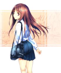  bag brown_hair commentary_request female from_behind kikurage_(plastic_people) long_hair looking_back original parted_lips pleated_skirt red_eyes school_bag school_uniform skirt solo 