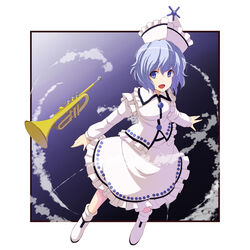  bad_id bad_pixiv_id blue_eyes blue_hair dress female hat highres instrument merlin_prismriver photoshop_(medium) smile solo touhou trumpet tsuttsu white_dress 