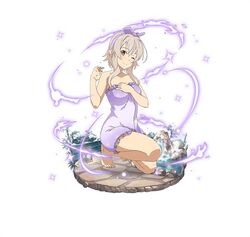  ;) barefoot breasts cleavage collarbone commentary_request faux_figurine female floral_print frills full_body grey_hair medium_breasts official_art on_one_knee one_eye_closed pointy_ears red_eyes short_hair_with_long_locks sidelocks simple_background smile solo strea_(sao) strea_(sao-alo) sword_art_online sword_art_online:_code_register towel white_background 