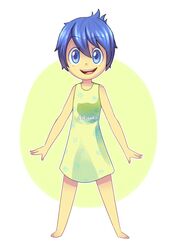  artist_name blue_eyes blue_hair colored_skin commentary_request dress female full_body green_dress highres inside_out joy_(inside_out) open_mouth outline short_hair smile solo yellow_skin yoyochaan 