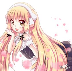  artist_name blonde_hair blurry brown_eyes chii chobits collar commentary_request depth_of_field dress female from_side hair_ribbon hair_tubes long_hair open_mouth petals ribbon robot_ears sidelocks smile solo strapless strapless_dress tress_ribbon very_long_hair yoyochaan 