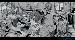  3boys aqua_theme bad_id bad_pixiv_id bottle cactus cellphone commentary_request couch drinking female flower_pot ha.skr_(hasukara) indoors letterboxed long_hair looking_at_viewer lying messy_room monochrome multiple_boys oekaki original phone pillow room sitting standing table window 