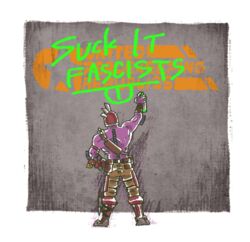  1boy alien battleborn boots graffiti helmet purple_skin shirtless solo whiskey_foxtrot 