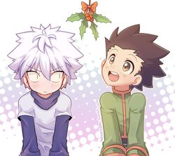  2boys black_hair blush brown_eyes commentary english_commentary gon_freecss halftone halftone_background holly hunter_x_hunter killua_zoldyck male_focus multiple_boys open_mouth outline ribbon round_teeth smile teeth watermark web_address white_hair yoyochaan |_| 